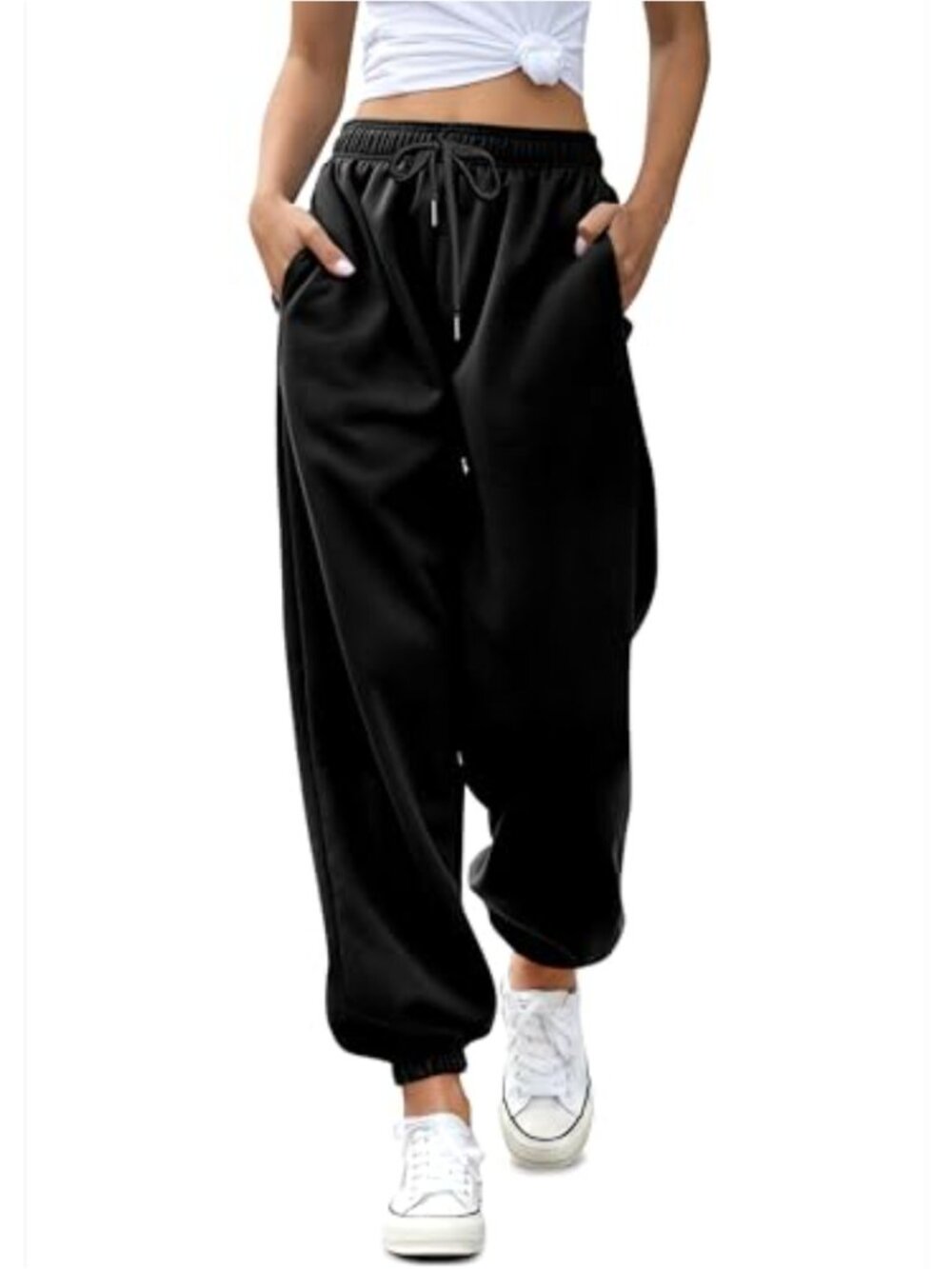 Cotton Blend High Waist Drawstring Loose Fit Sweatpants for Women with Pockets